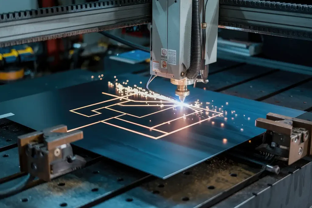 Laserschneidmaschine graviert komplexe Formen auf Metallblech in einer Fabrik